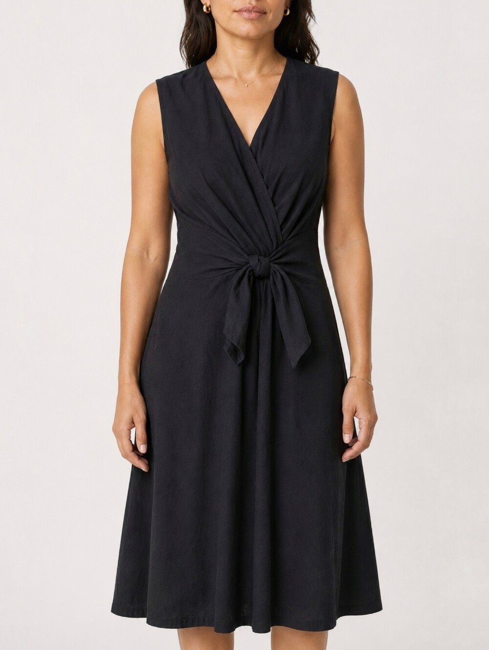 J.Jill Linen Blend Black Faux Wrap Surplice V-Neck Tie Front Midi Dress Stretch